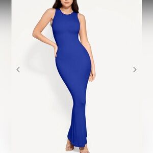 Popilush Elegant Blue Sleeveless Maxi Dress with built in bra and spandex